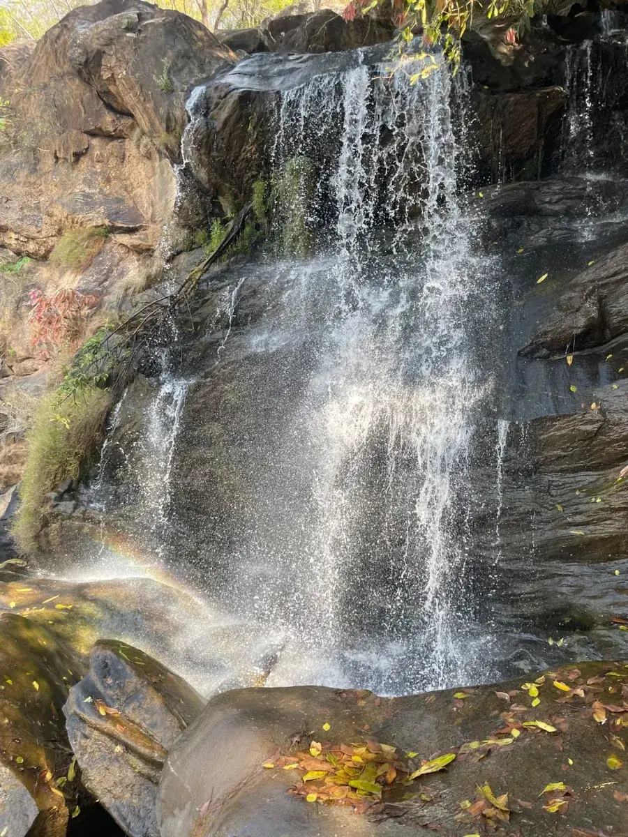 Waterfall running over dark rocks